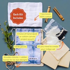 Neatly arranged tie dye craft kit for adults. A curated indigo dye kit for beginner artisans, ready to gift for a bridal shower activity, DIY wedding decorations prep, or making custom tie dye bridal robes.