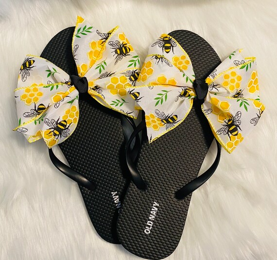 Womens Black Flip Flops With Printed Bees Five Inch Bow - Etsy