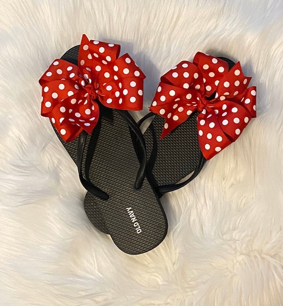 Womens Flip Flops, Red and White Polka Dot Ribbon, Cute Poolside Sandals,  Summer Shoes, Size 6-11 Women, Gift for Her, Beach Thongs 