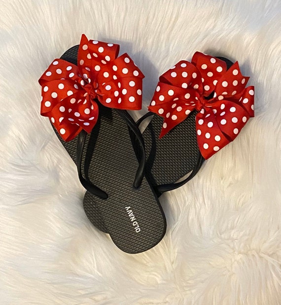 Womens Flip Flops, Red and White Polka Dot Ribbon, Cute Poolside