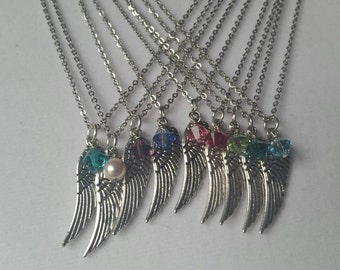 Birthstone swarovski crystal necklace with angel wing