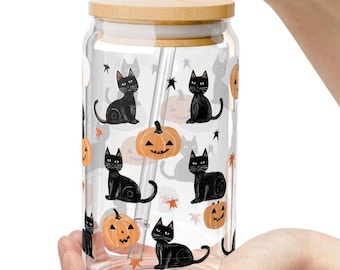 Cottagecore Pumpkin Glass Can Coffee Cup with Lid and Straw Halloween Coffee Glass Fall Glass Can Autumn Aesthetic Iced Coffee Glass