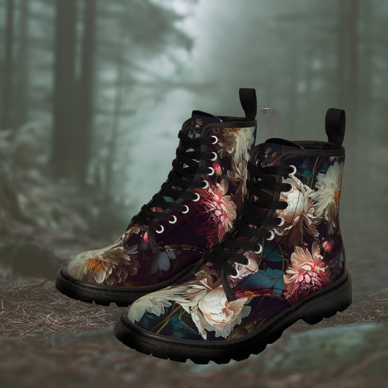 Steampunk Floral Pattern Print Men Women Leather Boots main image 1