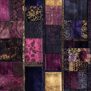 May include: A patchwork fabric featuring a range of textures and colours, including purple, pink, gold, and black. The fabric is composed of various squares and rectangles, each with a distinctive design.