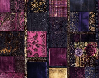 May include: A patchwork fabric with a variety of textures and colors, including purple, pink, gold, and black. The fabric is made up of different squares and rectangles, each with a unique design.