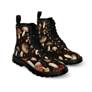 Goblincore Boots, Woodland Mushrooms Combat Boot, Vegan Combat Boots, Witchcore Festival Club Boot, Faecore Mushroom Print Boots