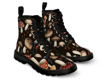 Goblincore Boots, Woodland Mushrooms Combat Boot, Vegan Combat Boots, Witchcore Festival Club Boot, Faecore Mushroom Print Boots