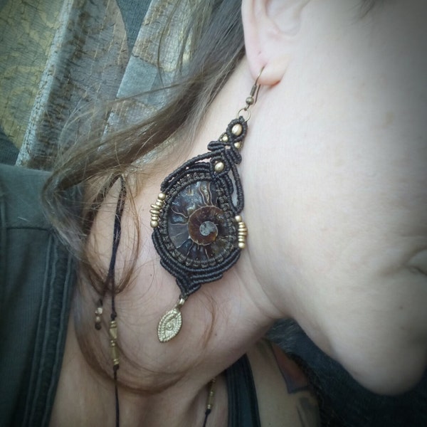 Pair of Ammonite fossil macrame earrings by Mani macrame