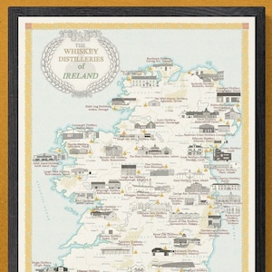 Whiskykaart van Ierland, geïllustreerde kaart van de distilleerderijen van Ierland.