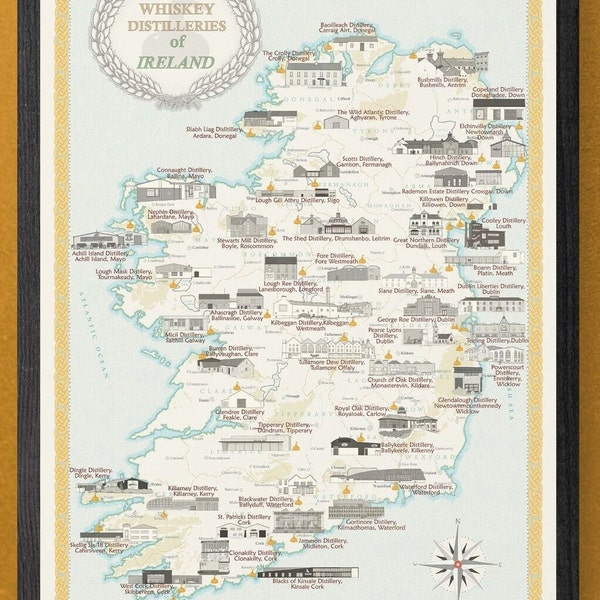 Whiskey Distilleries Map of Ireland 2024, Irish whiskey map, whisky gift