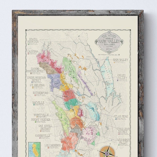 Carte des vins de la Napa Valley, carte de l'AVA du comté de Napa. Carte des pays viticoles USA