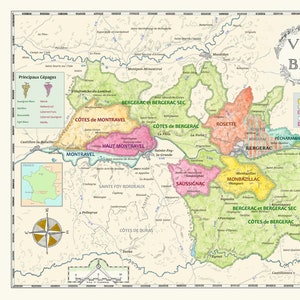 Weinberge von Bergerac, Frankreich Wein Karte.