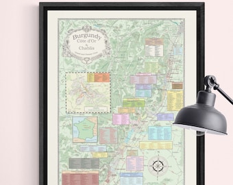 Carte des vins de Bourgogne. Les climats de la Côte d'Or et de Chablis.