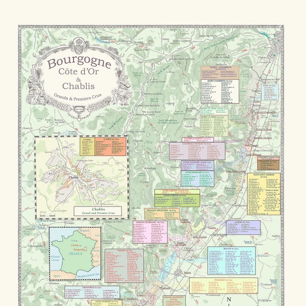 Burgundy Wine Map. carte des vins de Bourgogne.