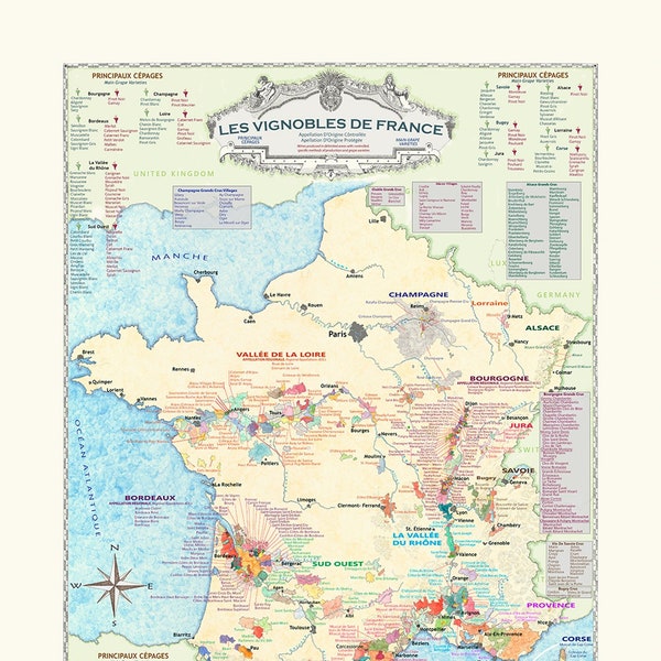 Wine Map of France, A guide to French wines. Carte des Vins de France
