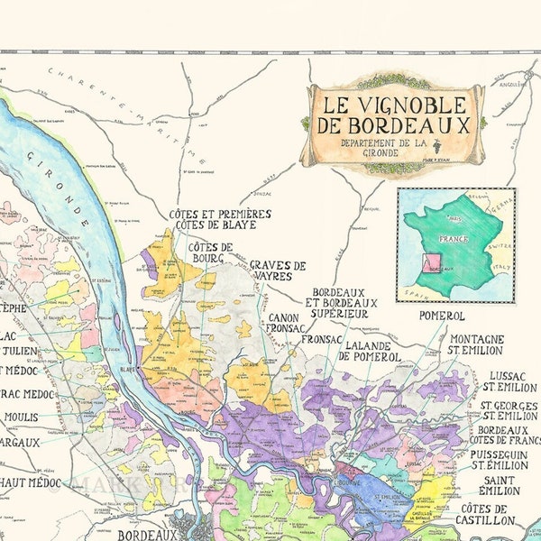 Bordeaux Weinkarte, Bordeaux Frankreich Karte, AOC Weine von Bordeaux. Weinkarte Bordeaux