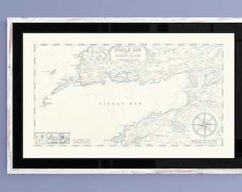 May include: A black and white map of Dingle Bay, Ireland, with the title "Dingle Bay from the Blasket Islands" and a compass rose in the bottom right corner.