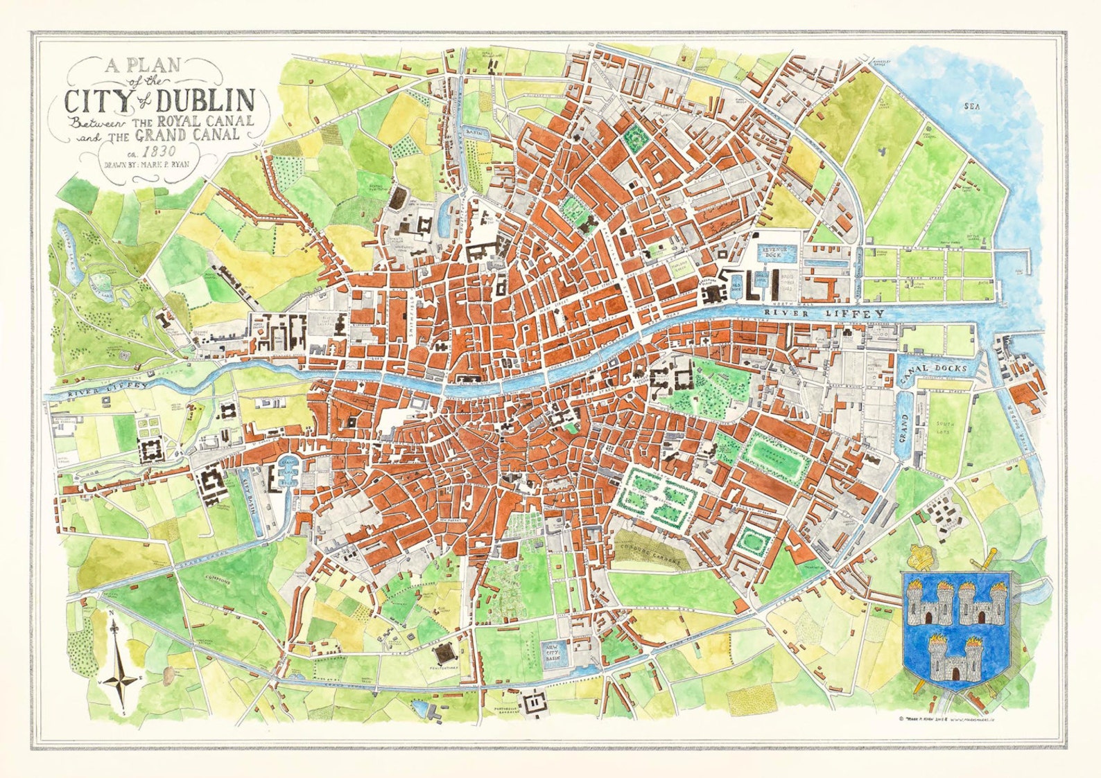 Dublin City Street Map 1830 Print, Dublin Map, Antique Dublin City Map