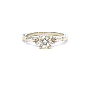 14k White Gold Art Deco Inspired .54 ct Round Diamond Engagement Ring with Baguettes, size 7 1/4