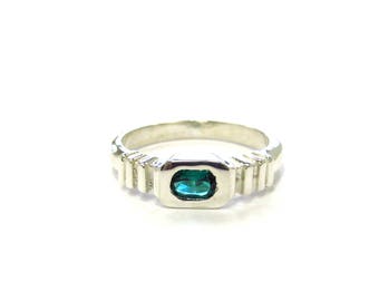 Recycled Sterling Silver Handmade Simulated Emerald Ring, size 7 1/2