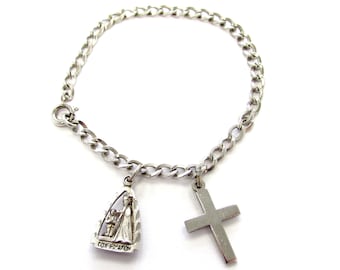 Vintage Sterling Silver Simple Cross + Confirmation Charm on Patterned Curb Charm Bracelet, 6 3/4" Long