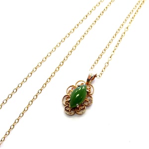 Vintage Yellow Gold Filled Filigree Border Marquise Jade Pendant on 17.5&quot; Chain
