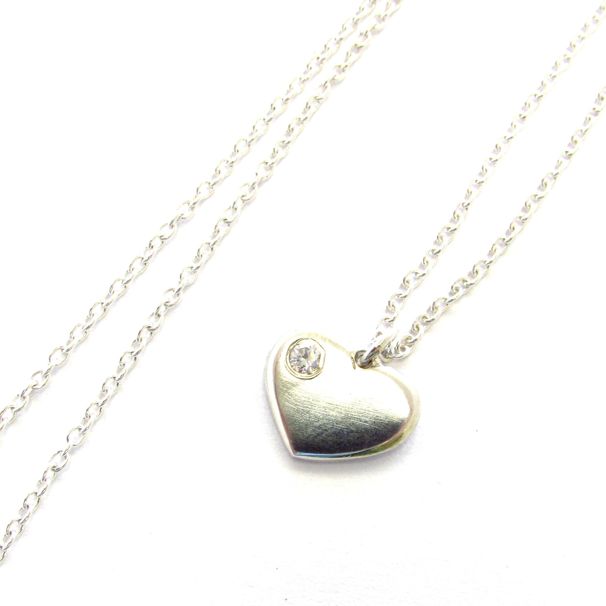 Handmade Sterling Silver Tiny Heart with Diamond Accent Pendant on 18" Cable Chain