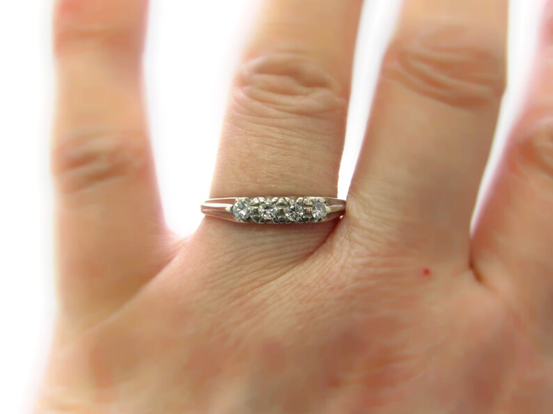 size 7 Vintage 14k White Gold 4-stone Diamond Anniversary Band or Wedding Ring