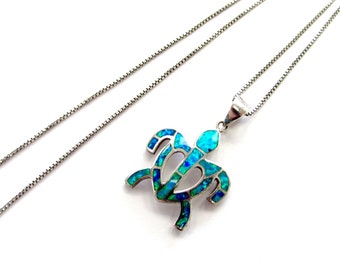 Vintage Sterling Silver Created Black Opal Inlay Sea Turtle Pendant on 20" Chain