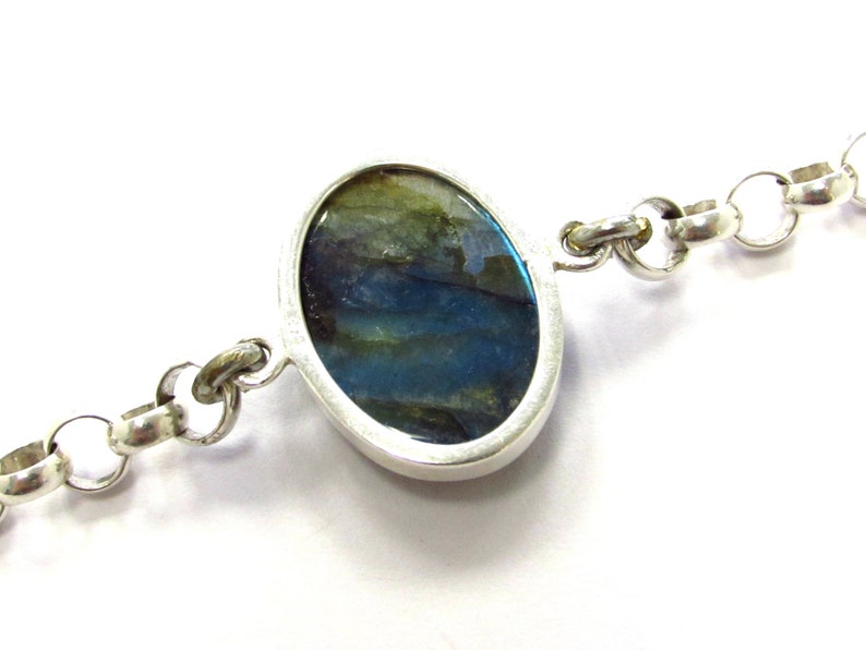 Vintage Sterling Silver Bezel Set Labradorite Bracelet with Rolo Links 7 Bracelet
