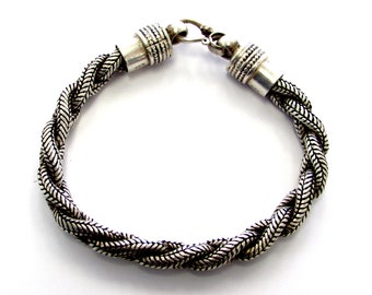 Vintage Unisex Ladies or Men's Sterling Silver Heavy Braided Chain Bracelet, 8" Long