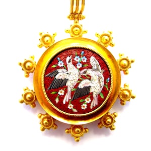 Stunning Victorian Era Etruscan 18k Yellow Gold Micro-Mosaic Doves Mourning Locket with Original Box