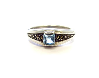 Vintage Sterling Silver Marcasite + Blue Topaz Ring, size 6
