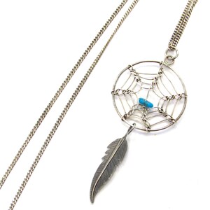 Vintage Southwest Sterling Silver Turquoise Dreamcatcher + Feather Pendant on 18&quot; Curb Chain
