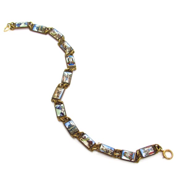 Antique Brass Enamel Egypt Travel Charm Bracelet: Pyramids, Sphinx, Pharaohs
