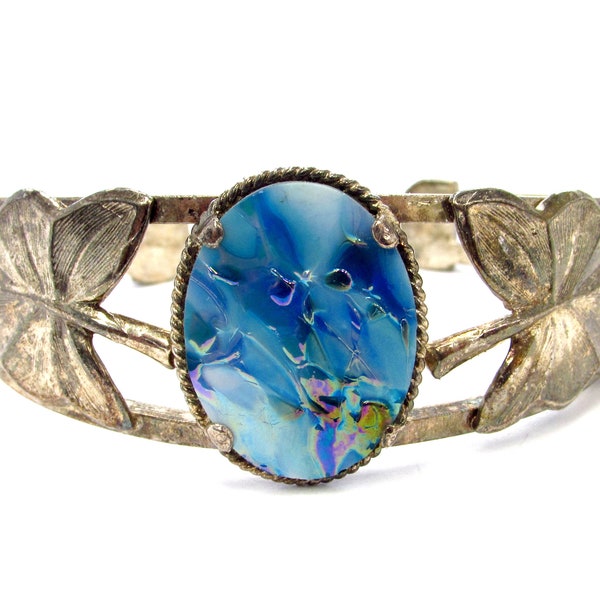 Vintage Badavici Sterling Silver Prisma Glass Cuff Bracelet with Leaf Details