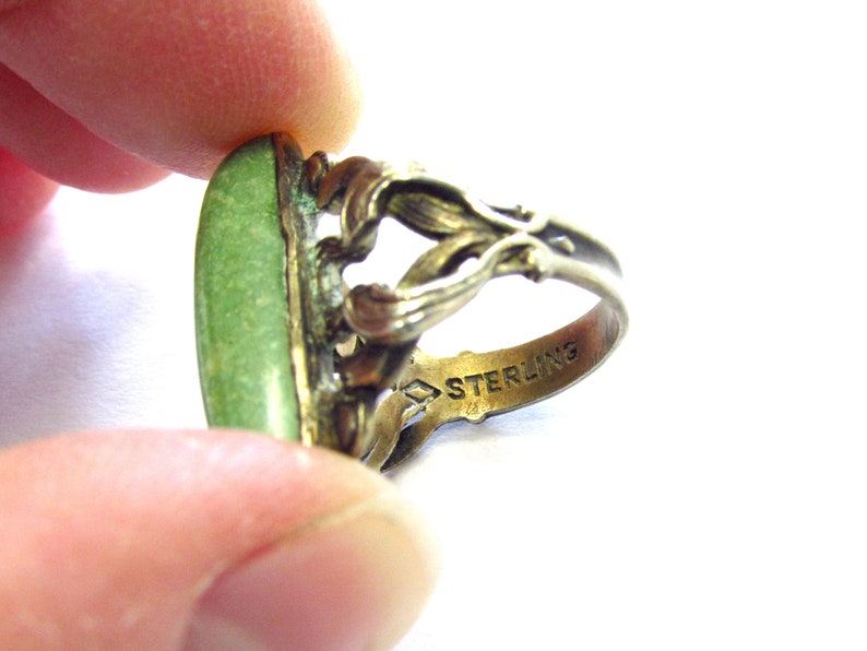 Antique Art Nouveau Sterling Silver Oval Turquoise Cabochon Ring with Leafy Band size 3 12