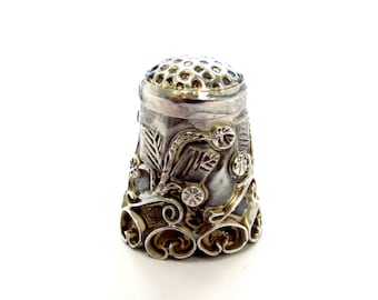 Antique Sterling Silver Mexican Embossed Swirls and Leaves Pattern Sewing Thimble size 7