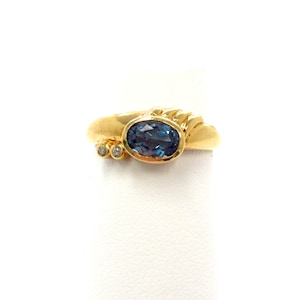 New Old Stock 14k Yellow Gold Bezel Set Blue Topaz + Accent Diamond Ring with Wide Band, size 6 /4