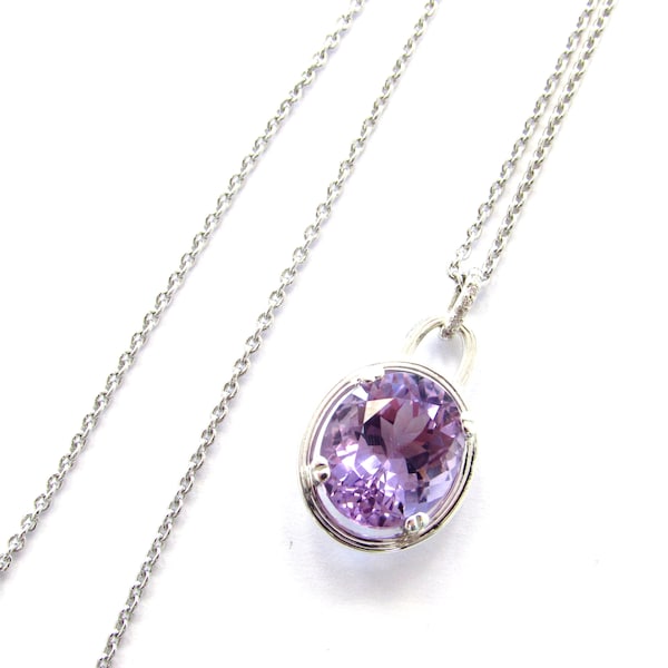 Sterling Silver Gorgeous Huge Amethyst Pendant with Diamond Accents on Adjustable Chain, Birthstone Jewelry