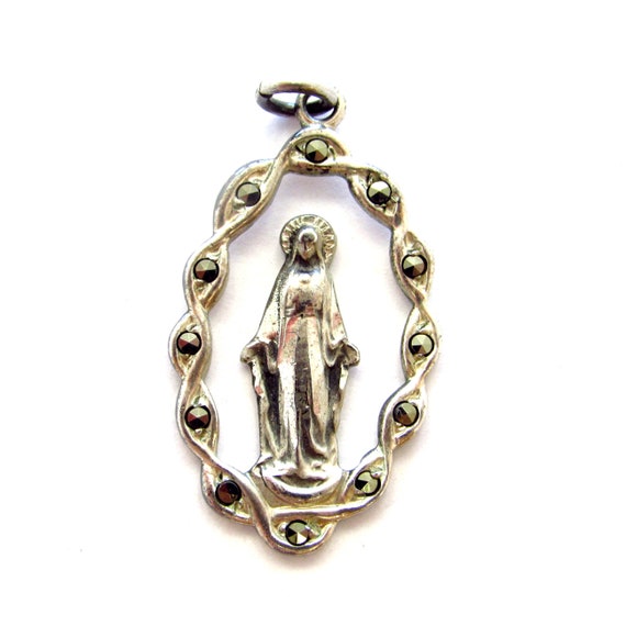 Vintage Sterling Silver Marcasite Outlined Mother… - image 1