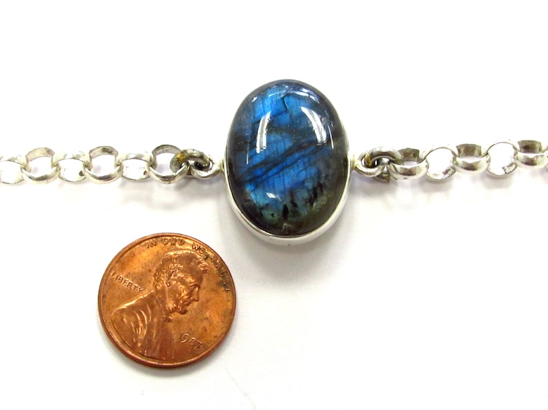 Vintage Sterling Silver Bezel Set Labradorite Bracelet with Rolo Links 7 Bracelet