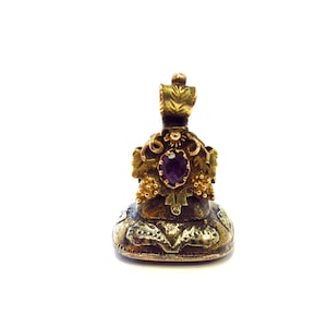 Antique Victorian 14k Yellow Gold Stamp Style Fob Charm Pendant with Amethyst + Citrine