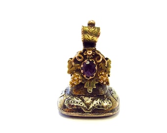 Antique Victorian 14k Yellow Gold Stamp Style Fob Charm Pendant with Amethyst + Citrine