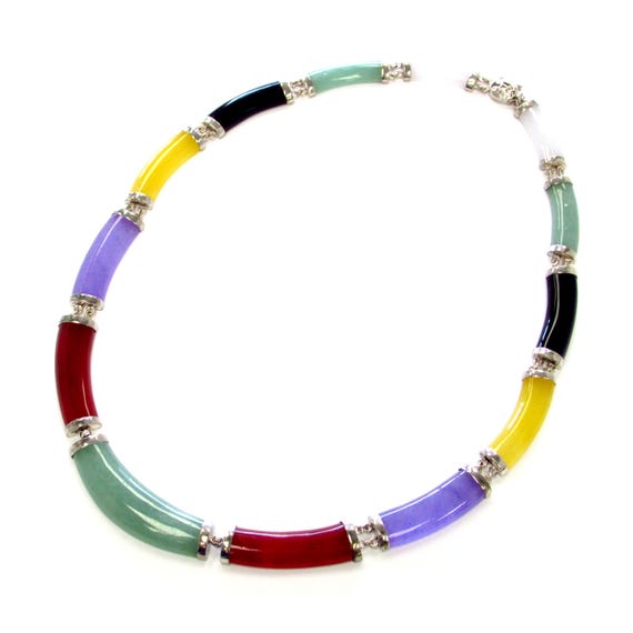 Vintage Sterling Silver Multicolored Jade Piece Necklace, 18