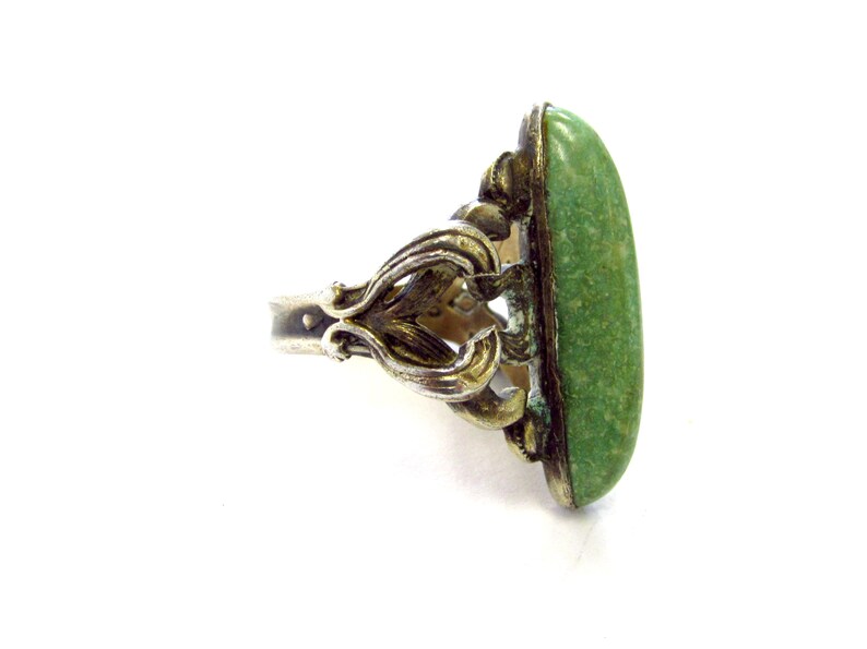 Antique Art Nouveau Sterling Silver Oval Turquoise Cabochon Ring with Leafy Band size 3 12