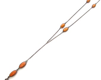 Antique Sterling Silver + Salmon Coral Cabochon Station Necklace, Silver 35.5&quot; Chatelaine Chain