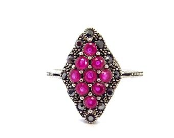 Vintage Sterling Silver Diamond Shaped Multi-stone Ruby + Marcasite Ring, size 9 3/4