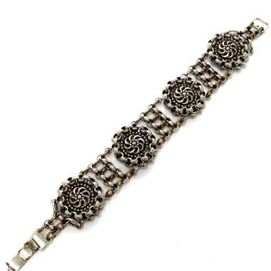 Vintage Silver + Brass Ornate Chrysanthemum Flower Link Bracelet with Rolo Link Detailing , 7&quot; long
