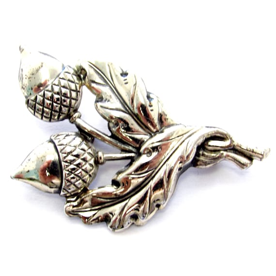 Vintage Sterling Silver Repousse Style Acorns + Oak Leaves Pin Brooch